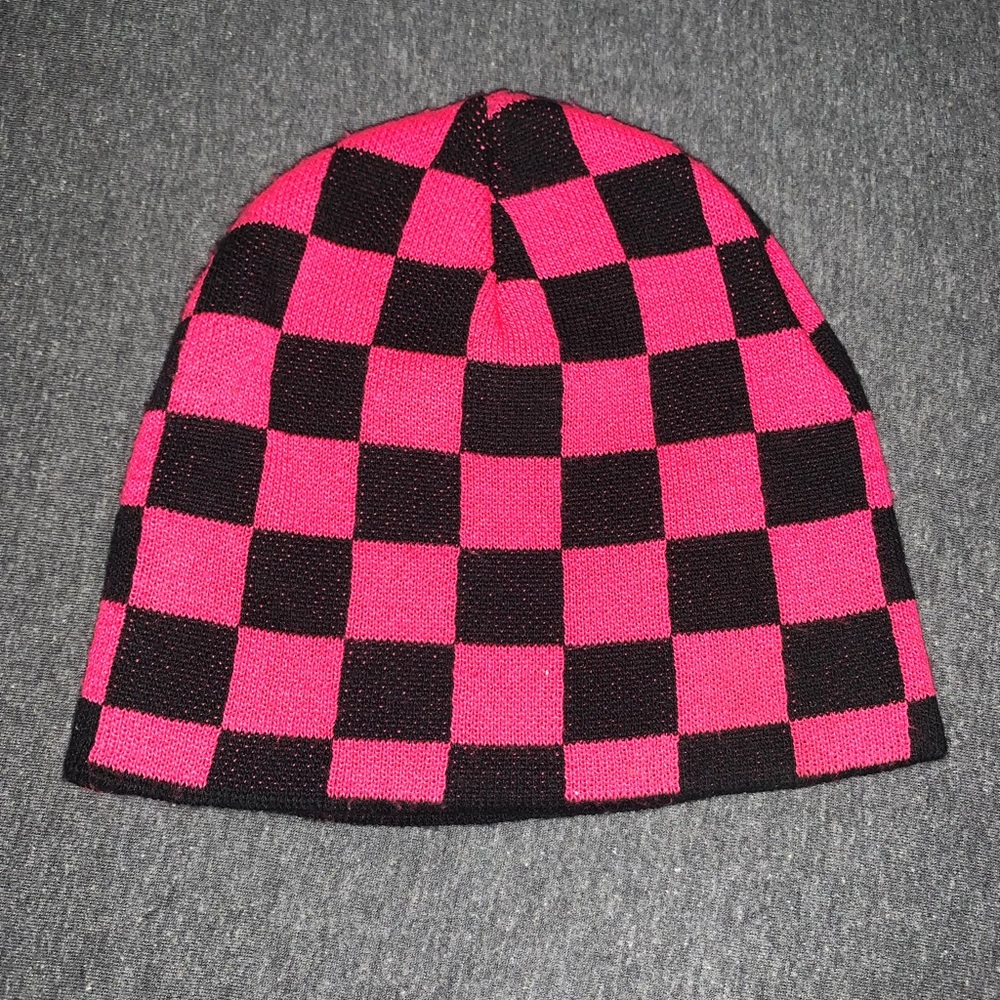Black & hot pink checkered beanie